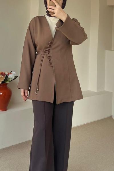 Kadın Bağlama Detaylı Ceket / Astarlı Ceket Vizon