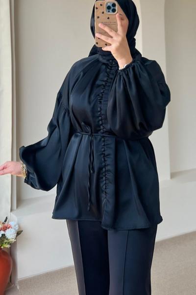 Kadın Brit Düğmeli Gömlek / Saten Gömlek Siyah