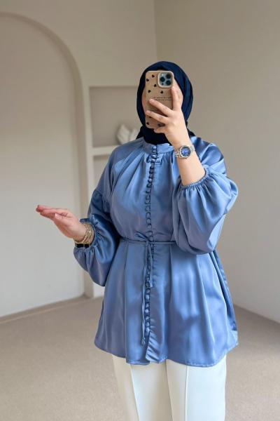 Kadın Brit Düğmeli Gömlek / Saten Gömlek Mavi