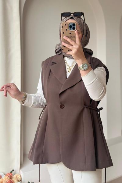 Kadın Pile Detaylı Yelek / Astarlı Yelek Vizon