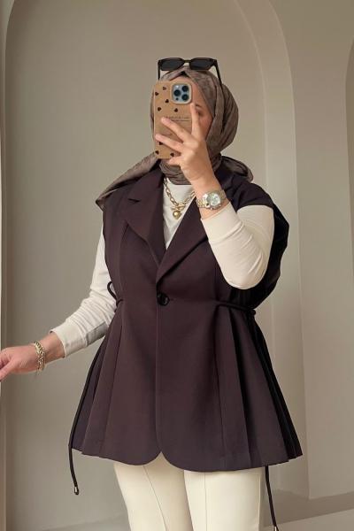 Kadın Pile Detaylı Yelek / Astarlı Yelek Kahverengi