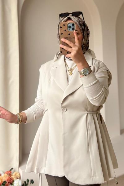 Kadın Pile Detaylı Yelek / Astarlı Yelek Taş Rengi