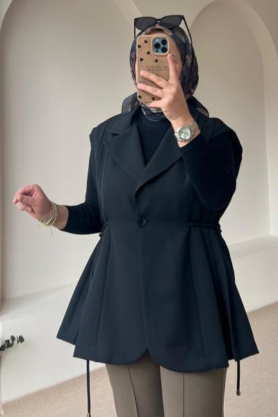 Kadın Pile Detaylı Yelek / Astarlı Yelek Siyah