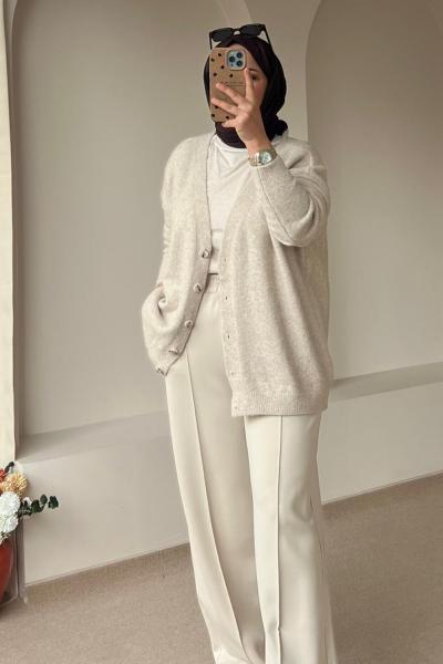 Kadın Nervürlü Scuba Pantolon / Scuba Kumaş Pantolon Bej