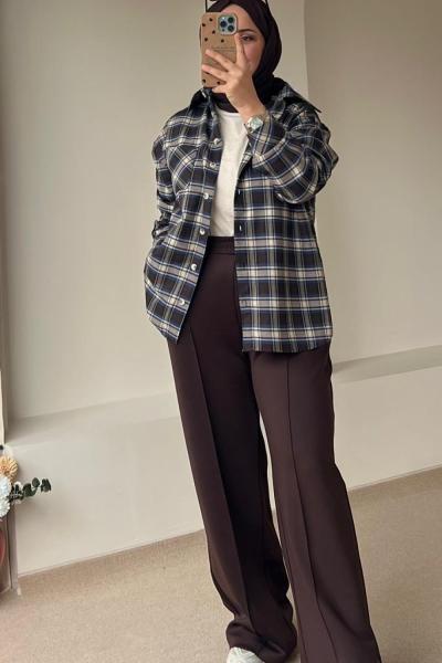 Kadın Nervürlü Scuba Pantolon / Scuba Kumaş Pantolon Kahverengi