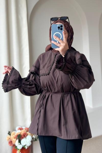 Kadın Şal Yaka Dantelli Gömlek Kahverengi