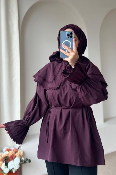 Kadın Şal Yaka Dantelli Gömlek Bordo
