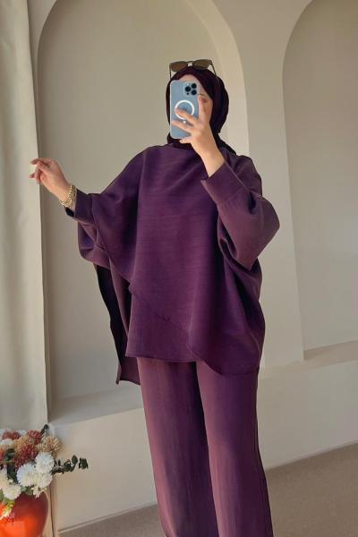 Kadın Yarasa Kol Pelerin Detaylı Pantolon Takım Mürdüm