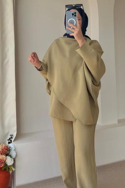 Kadın Yarasa Kol Pelerin Detaylı Pantolon Takım Yağ Yeşili