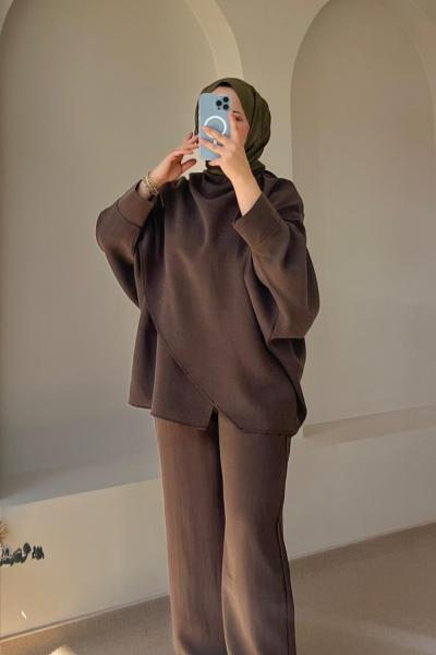Kadın Yarasa Kol Pelerin Detaylı Pantolon Takım Acı Kahve