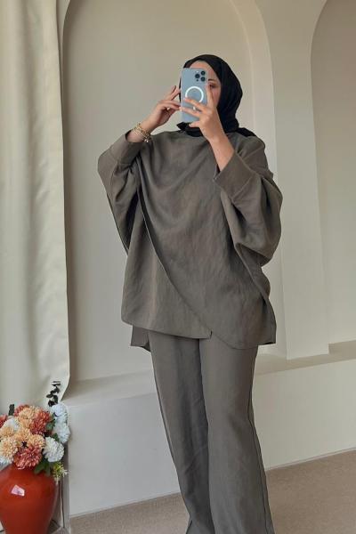 Kadın Yarasa Kol Pelerin Detaylı Pantolon Takım Haki