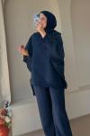 Kadın Yarasa Kol Pelerin Detaylı Pantolon Takım Lacivert