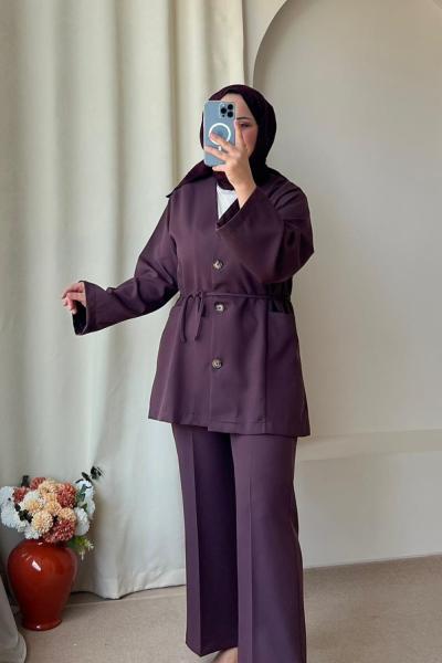 Kadın Düğme Detaylı Krep Pantolon Takım Çikolata