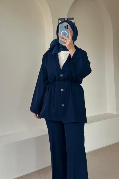 Kadın Düğme Detaylı Krep Pantolon Takım Lacivert