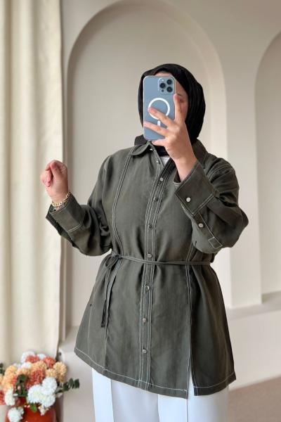 Kadın Gardenya Çift Dikiş Detaylı Gömlek Haki