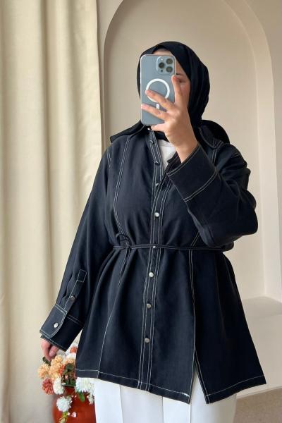 Kadın Gardenya Çift Dikiş Detaylı Gömlek Siyah