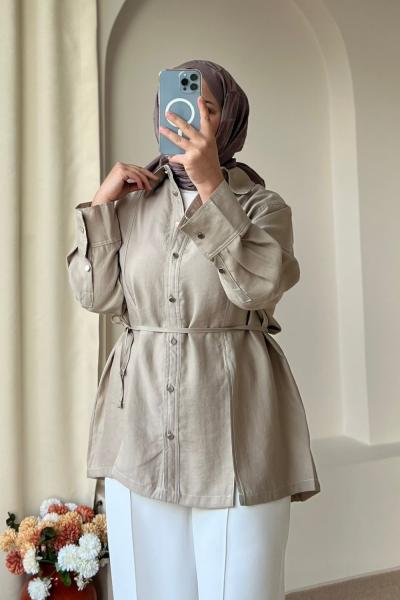 Kadın Gardenya Çift Dikiş Detaylı Gömlek Taş Rengi