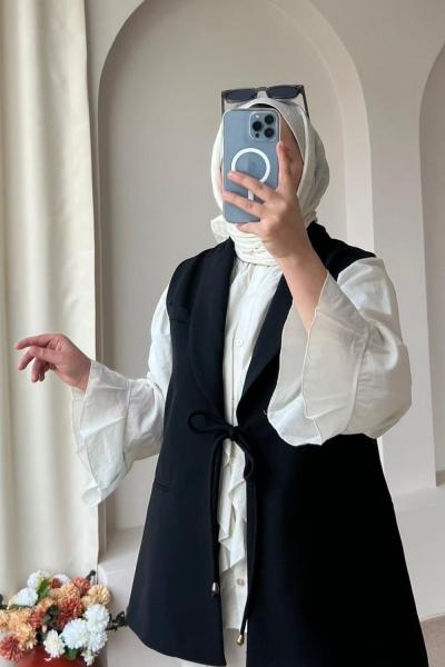 Kadın Önden Bağlamalı Astarlı Yelek Siyah