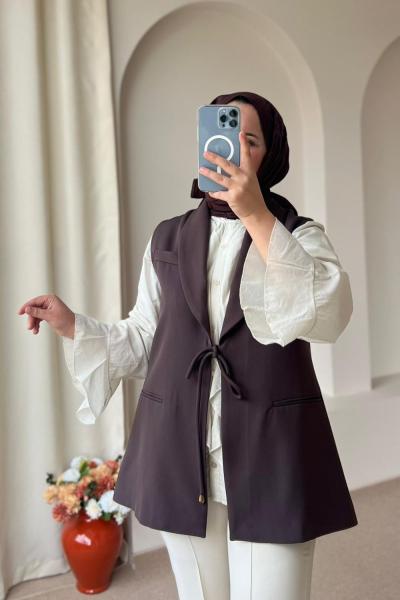 Kadın Önden Bağlamalı Astarlı Yelek Kahverengi