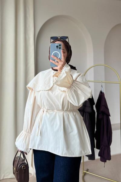 Kadın Şal Yaka Dantelli Gömlek Krem