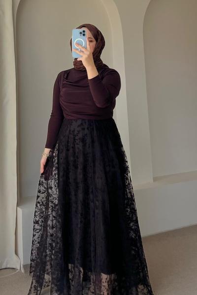 Kadın Dantelli Flog Etek  Kahverengi