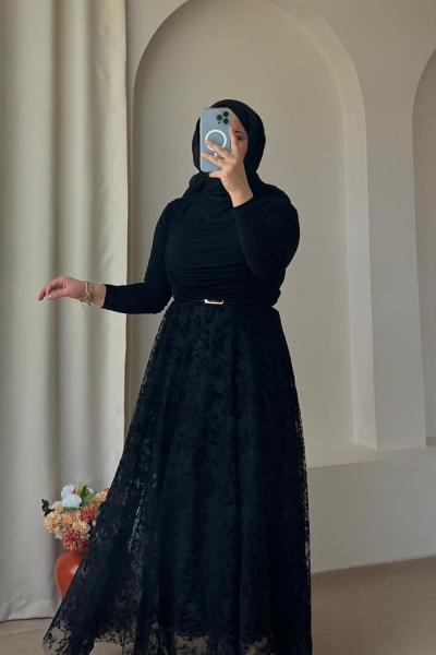 Kadın Dantelli Flog Etek  Siyah