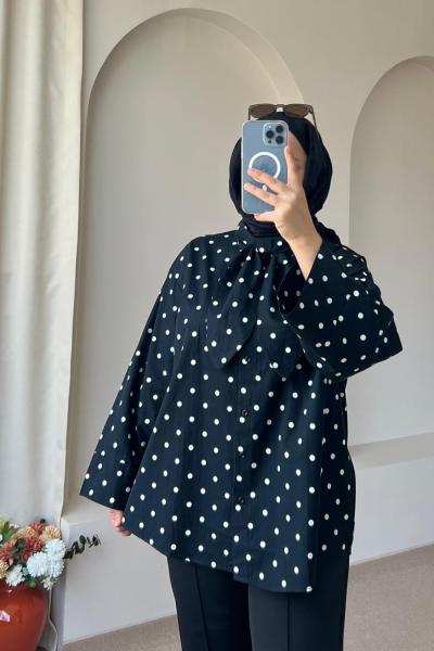 Kadın Puantiyeli Bağcıklı Gömlek  Siyah