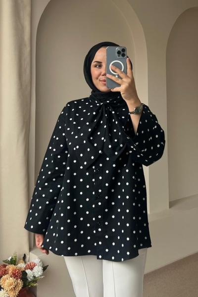 Kadın Puantiyeli Bağcıklı Gömlek  Siyah