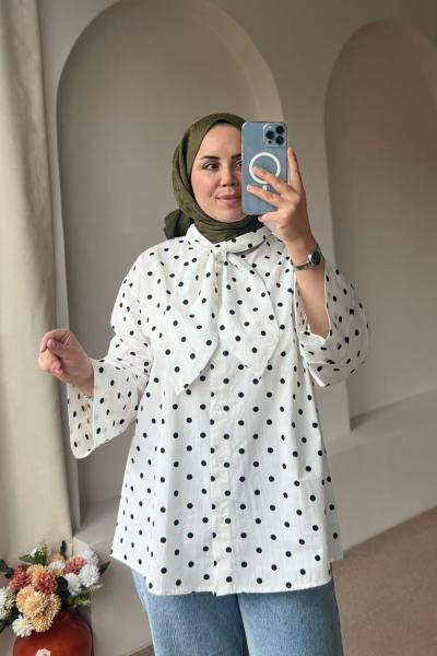 Kadın Puantiyeli Bağcıklı Gömlek  Beyaz