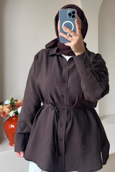 Kadın Kalın Manşetli Basic Gömlek Kahverengi