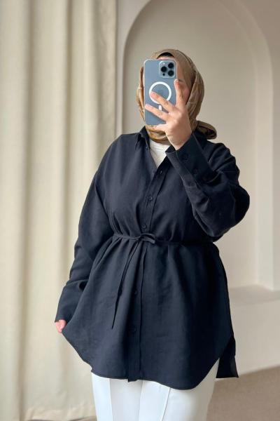 Kadın Kalın Manşetli Basic Gömlek Siyah