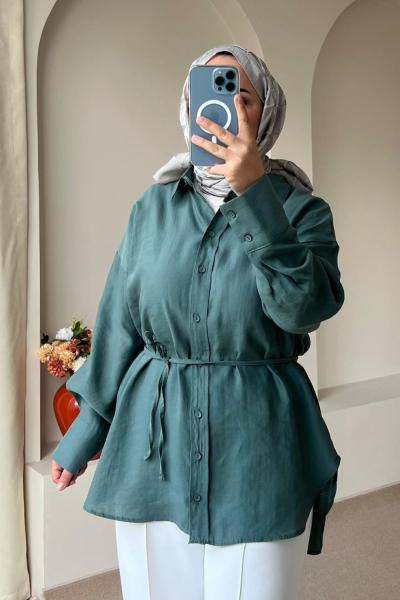 Kadın Kalın Manşetli Basic Gömlek Ada Çayı