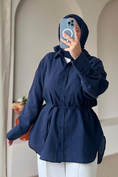 Kadın Kalın Manşetli Basic Gömlek Lacivert