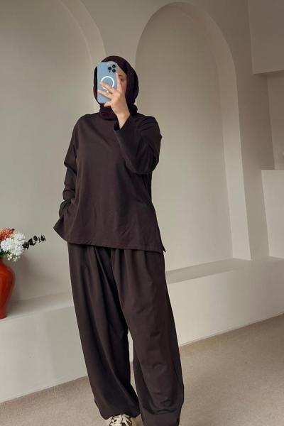 Rahat Kesim Şalvar Pantolon Takım Kahverengi