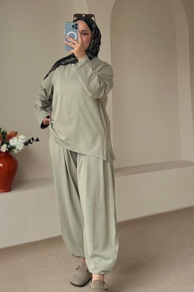 Rahat Kesim Şalvar Pantolon Takım Taş Rengi