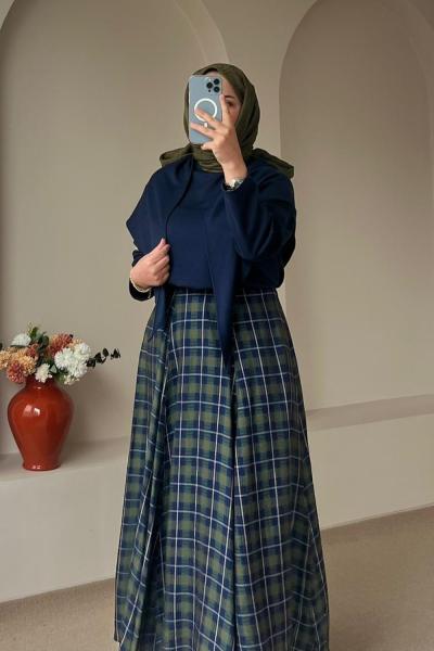 Volanlı Ekose Etek Haki