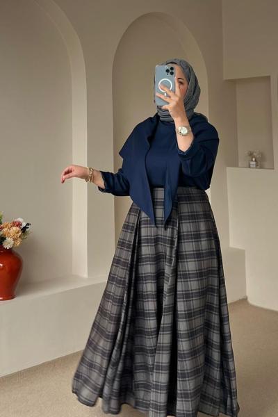 Volanlı Ekose Etek Antrasit