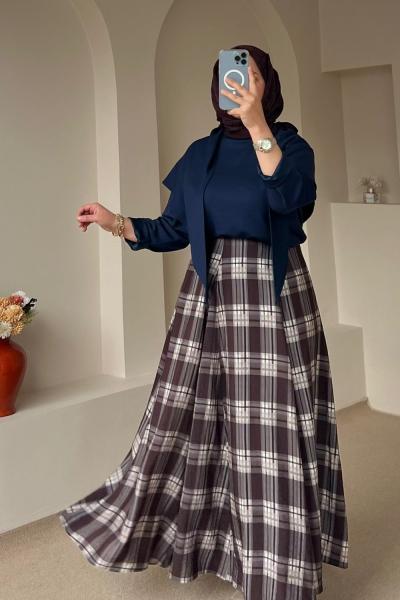 Volanlı Ekose Etek Acı Kahve