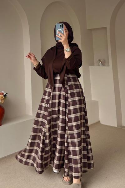 Volanlı Ekose Etek Kahverengi