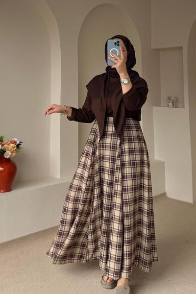 Volanlı Ekose Etek Bej