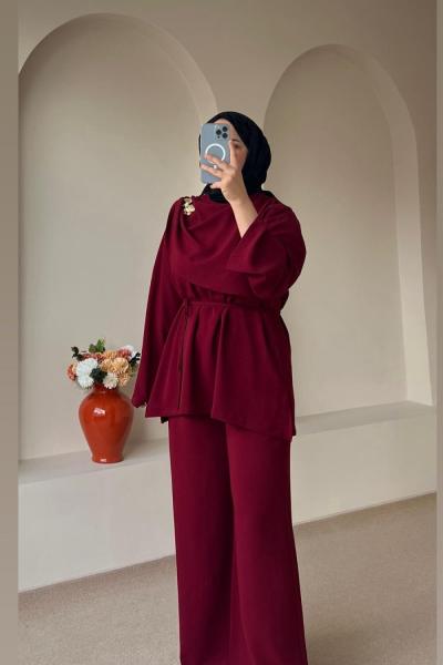 Şal Yaka Detaylı Pantolonlu Takım Bordo Karanfil