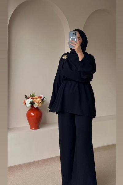 Şal Yaka Detaylı Pantolonlu Takım Siyah