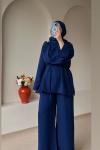 Şal Yaka Detaylı Pantolonlu Takım Lacivert