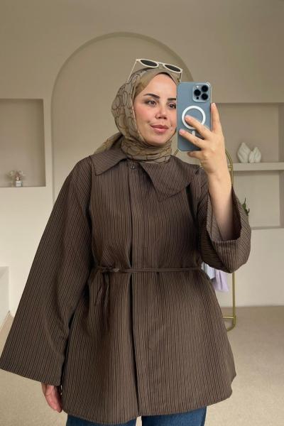 Kadın Çizgili Bağcıklı Gömlek Kahverengi