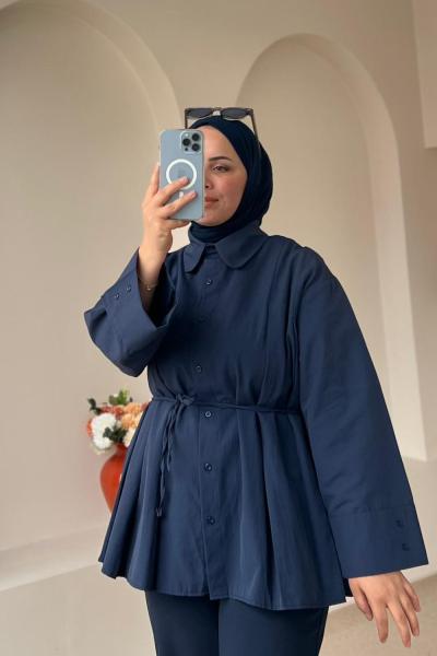 Kadın Bağcıklı Pileli Gömlek Lacivert