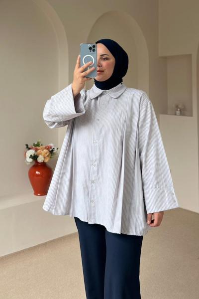 Kadın Bağcıklı Pileli Gömlek Lacivert Çizgili