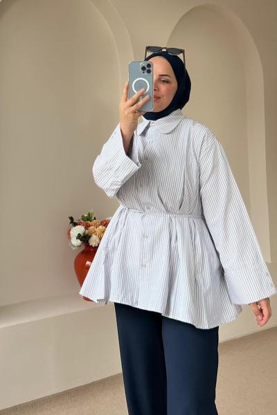 Kadın Bağcıklı Pileli Gömlek Kahverengi Çizgili