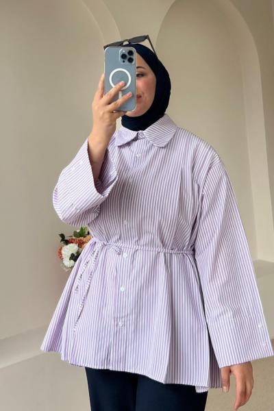 Kadın Bağcıklı Pileli Gömlek Çizgili Pembe