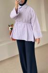 Kadın Bağcıklı Pileli Gömlek Çizgili Pembe