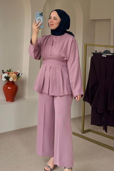 Piliseli Pantolon Tunik Takım Gül Kurusu